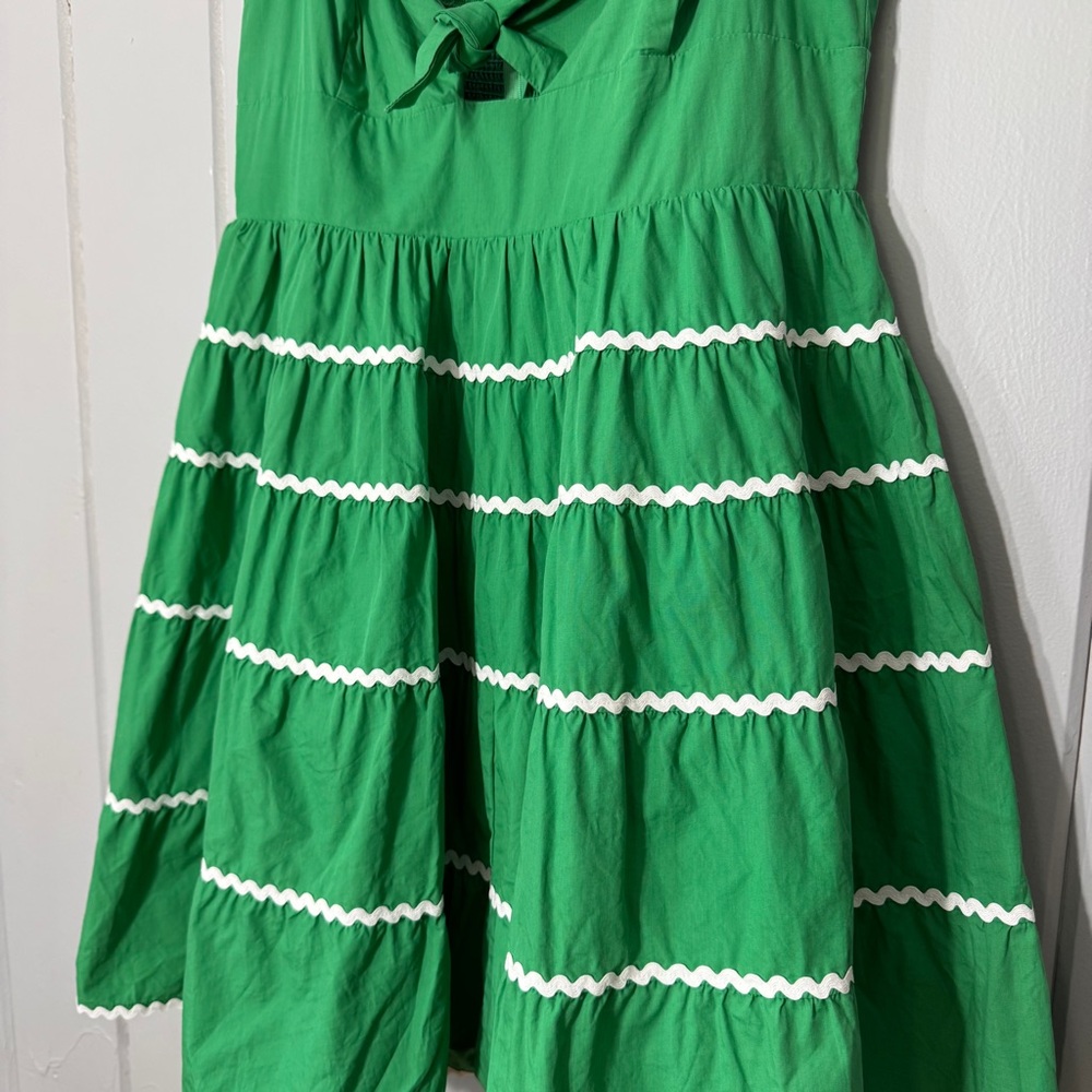 Moodie Green Babydoll Mini Dress Flare Ric Rac Trim Tie Front Smocked Back Large - Picture 3 of 15